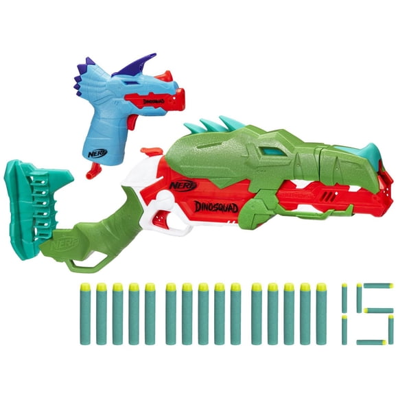 Nerf DinoSquad Combo Pack, 2 blasters Nerf aux designs de dinosaures exclusifs, 15 fléchettes en mousse Nerf Elite
