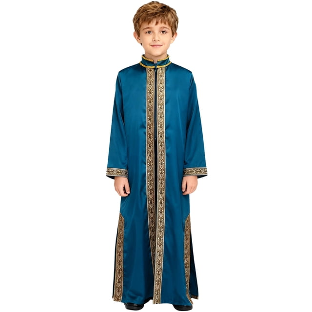 Moggemol Garçons Tunique Maxi à Manches Longues Dubai Traditionnel Satin Soyeux Faux Fendu Robe Bleu Foncé 14