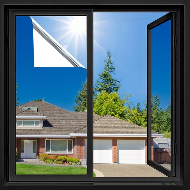 Lmlpt Privacy Window Film One Way Window Tint in Diamond Silver, measuring 35.4 x 118.1 inches, applied to a glass window. The film reflects sunlight while providing daytime privacy, heat control, UV protection, and static cling application. A partially peeled corner reveals the reflective surface, with a view of a house and trees visible through the untreated portion.