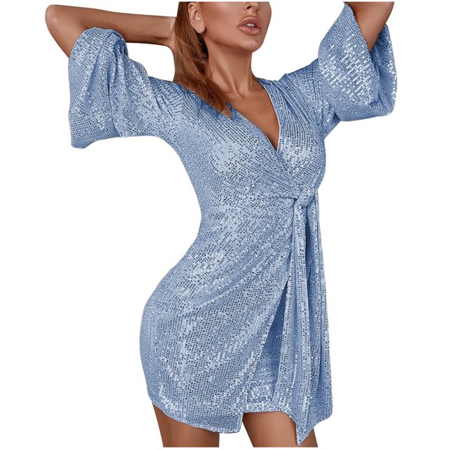 AherBiu Robe Courte à Paillettes pour Femmes Scintillante à Manches 3/4 Portefeuille avec Lien, Décolleté en V Profond, Soirée, Fête, Cocktail