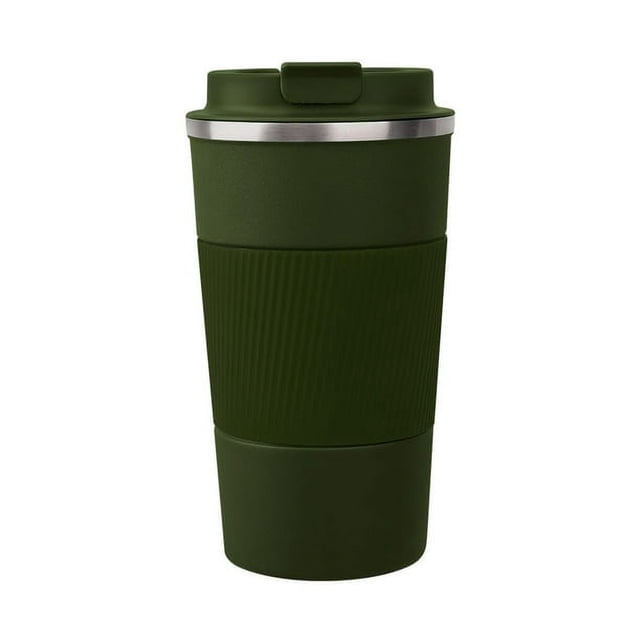 Tasse à Café à Emporter en Acier Inoxydable Contenant Isotherme – Tasse Thermique à Double Paroi Isolée – Tasse à Café avec Couvercle Étanche, Réutilisable, Verte. une Tasse de Voyage Verte avec une Conception à Double Paroi en Acier Inoxydable, Dotée d'Une Finition Mate Enduite de Poudre, d'Une texture Côtelée pour l'Adhérence, et d'Un Couvercle à Vis Étanche avec Joint en silicone. Convient aux Boissons Chaudes Ou Froides, avec une Capacité de 510 ml. Utilisée Souvent pour les Déplacements, les Activités de Plein Air Ou les Heures de Bureau.