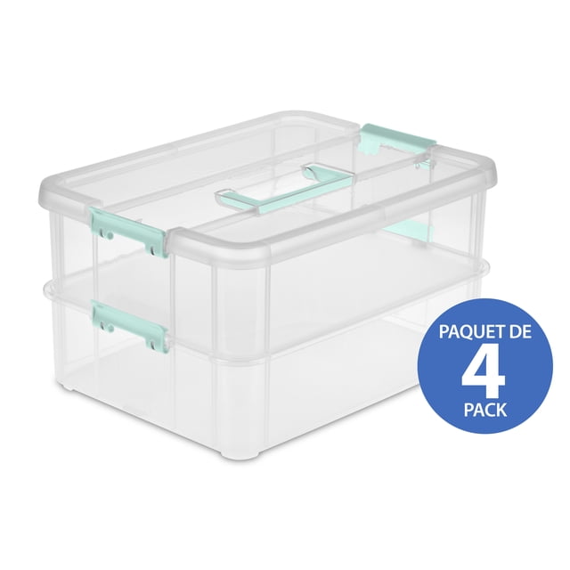 Sterilite Stack & Carry 2 Layer Handle Box & Tray, 4 pack, clear plastic storage container with two stackable layers, light blue locking latches, and a top handle for easy carrying, designed to organize 8 ½” x 11” paper and small items, suitable for home or office use.