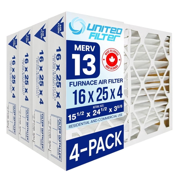 16x25x4 MERV 13 Pleated Furnace Filters (Actual Size 15-1/2 x 24-1/2 x 3-5/8) Clean, Healthy Air - High Efficiency, Home Climate Control HVAC Filters - Made in Canada - Case of 4