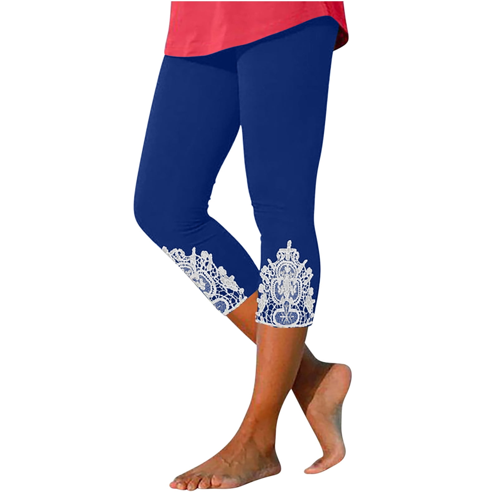 QATAINLAV Leggings Capri for Women, Summer Lace Patchwork Womens Workout Yoga Leggings 2024 Tummy Control High Waisted Cropped Leggings Blue XXXL