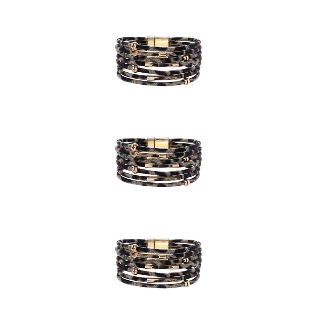 yingyy Bracelet Multi-layers Magnetic Buckle Leather Multi-colored Leopard Print Bangle Party Decoration Wristband Jewelry Light Brown 3Set