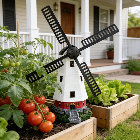 Dvkptbk resin lighthouse Solar-Powered Windmill Resin Ornament Outdoor Waterproof Garden Courtyard Rotating Windmill Decoration