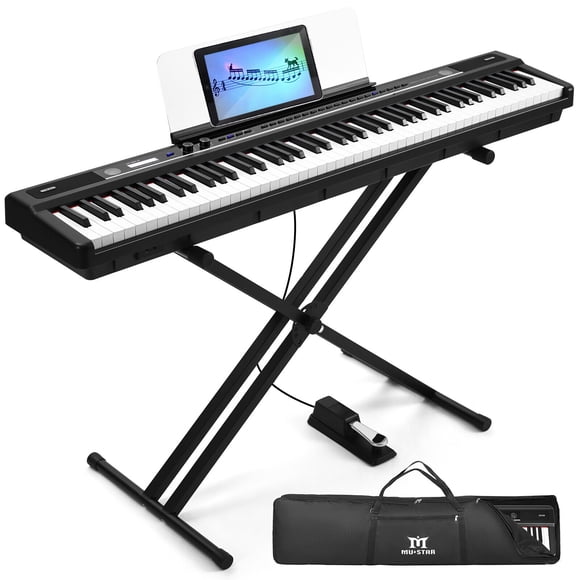 MUSTAR Digital Piano 88 Key Semi Weighted Full Size Electric Piano for Beginners with Stand, 129 Voices, Case, Sustain Pedal, USB MIDI, Black