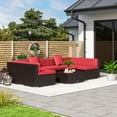 thumbnail image 2 of Outsunny 7 Piece Patio Furniture Set, PE Rattan Outdoor Conversation Set with Sectional Sofa, Glass Tabletop, Cushions and Pillows for Garden, Lawn, Deck, Deep Coffee and Wine Red, 2 of 10