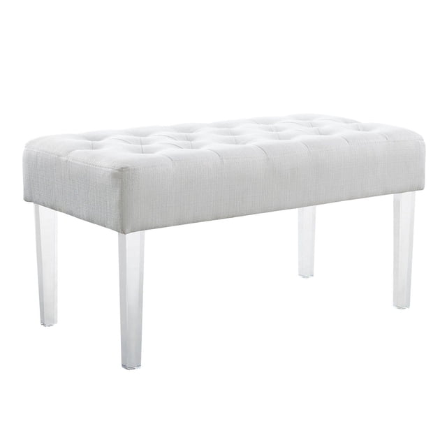 Ande Glitz Acrylic Leg Bench with tufted white linen weave seat accented by silver lurex threads and clear acrylic legs, designed for entryway, bedroom, or dressing area seating with an 18-inch seat height.
