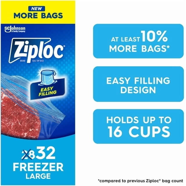 Ziploc® Freezer Bags with Stay Open Technology, Large, 28 Bags. Packaging highlights features such as easy filling design, holding up to 16 cups, and at least 10% more bags compared to previous counts. Includes Grip ‘n Seal technology for airtight freshness, protection against freezer burn, and BPA-free recyclable material.