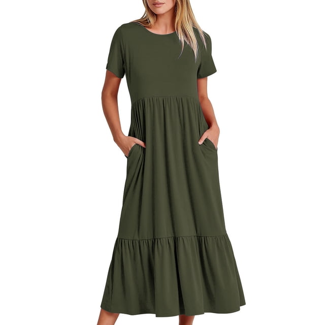 Jusqu'à 65 % de Rabais! Robes d'Été Mode pour Femmes 2024 Grande Taille Décontractées à Manches Courtes Col Ras du Cou Robe Décontractée Fluide à Étages Maxi de Plage avec Poches