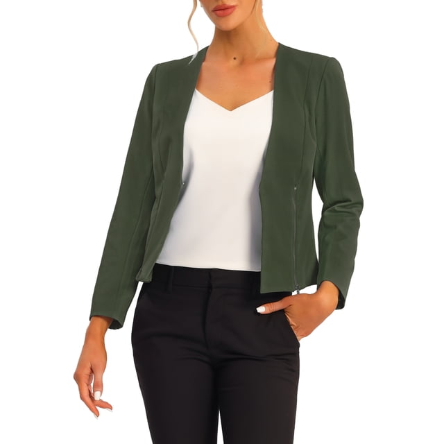 INSPIRE CHIC Women's Work Office Open Front Zipper Collarless Cropped Blazer Army Green S