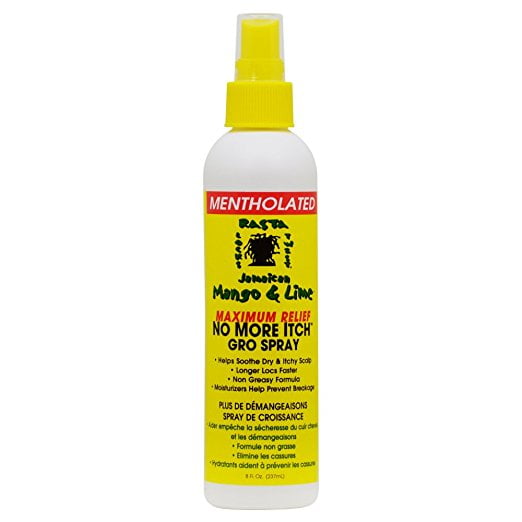 Jamaican Mango and Lime Maximum Relief No More Itch Gro Spray, 16 fl oz bottle with a yellow label and mentholated formula. Designed to relieve itchy and dry scalp, prevent breakage, and promote longer, healthier locks. Features a non-greasy formula and moisturizing properties for scalp treatment.