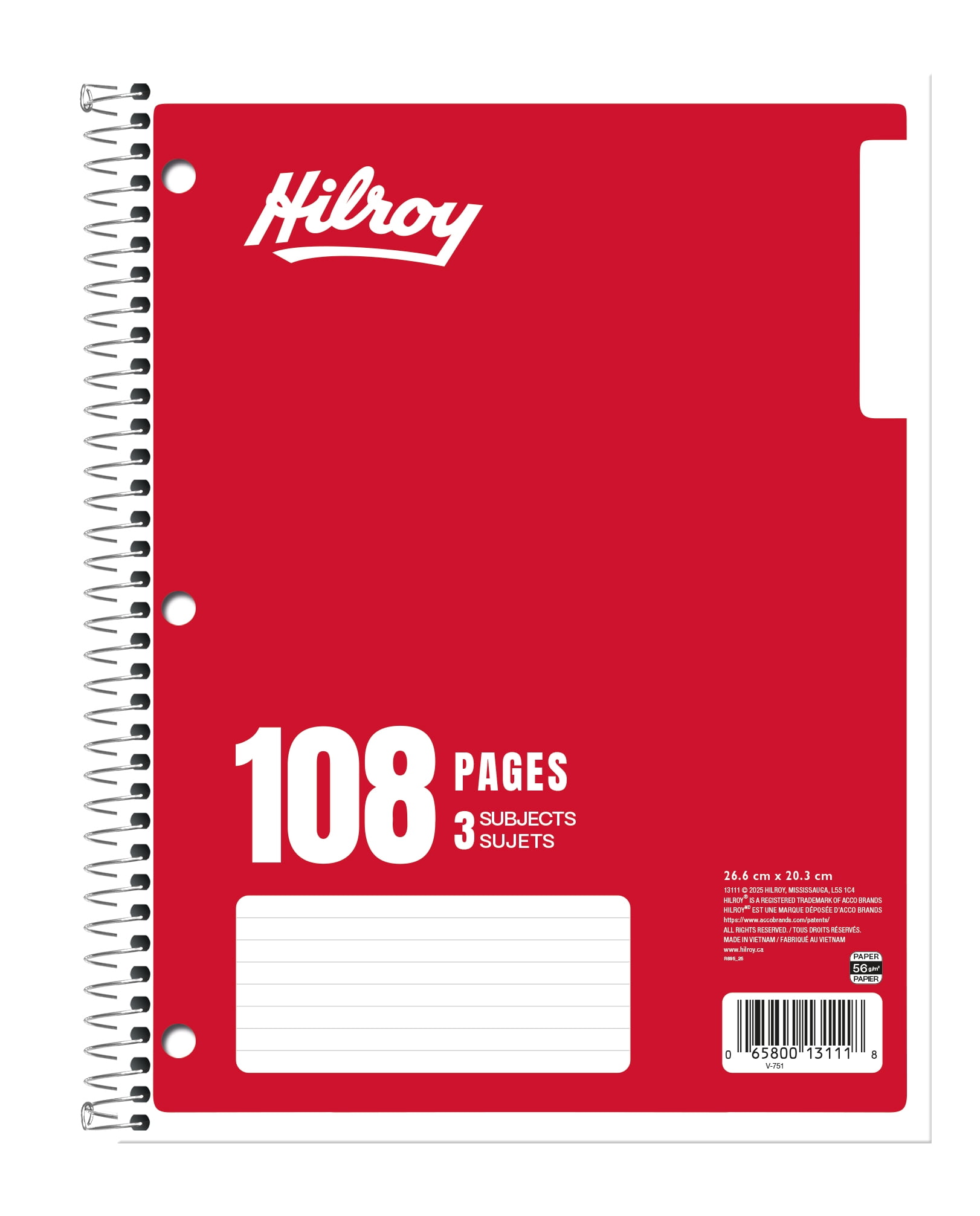 Hilroy® 3 Subject 108pg Notebook, Red