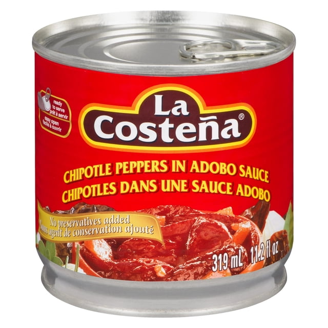 LA COSTENA CHIPOTLE PEPPER 319ML can with red label showing whole chipotle peppers in smoky adobo sauce, ready to serve with no preservatives added, ideal for authentic Mexican dishes like tacos, stews, and marinades.