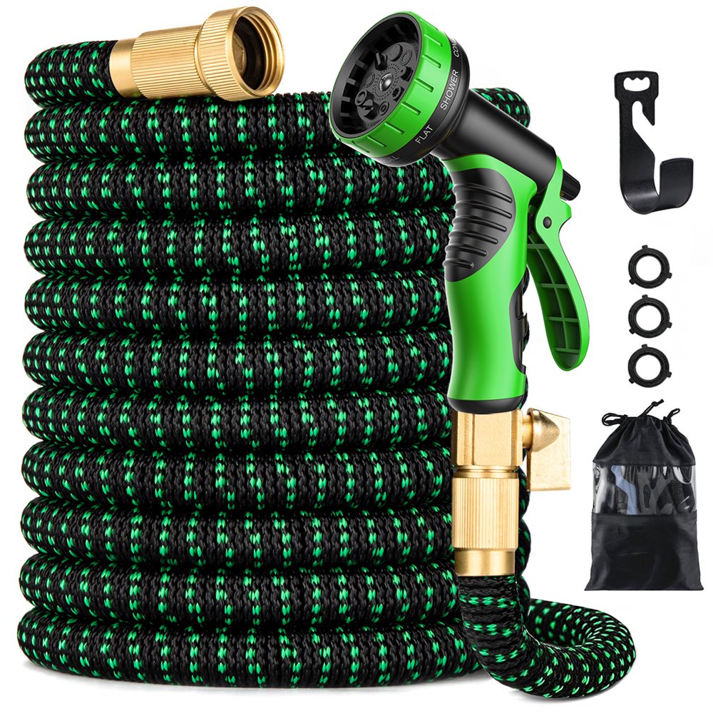 Garden Hose  100ft Water Hose with 10 Function Spray Nozzle  No Kink Hose with 3/4 inch Anti-Rust Solid Brass Fittings  Green