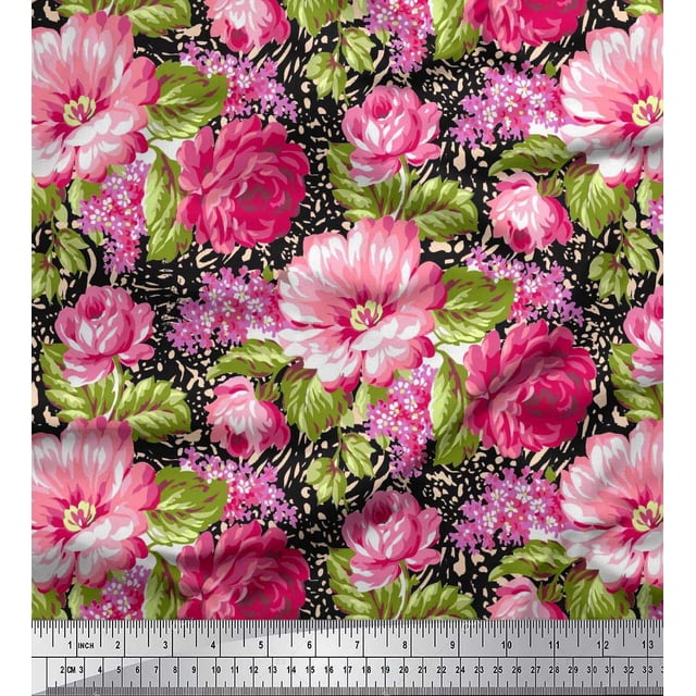 Soimoi Poly Georgette Fabric Leaves & Peony Floral Print Fabric by Yard 52 Inch Wide