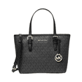 thumbnail image 1 of Michael Kors Jet Set Small Tote Bag – Black MK Signature Canvas, Zip Top Designer Handbag for Women with Gold Hardware, 1 of 3