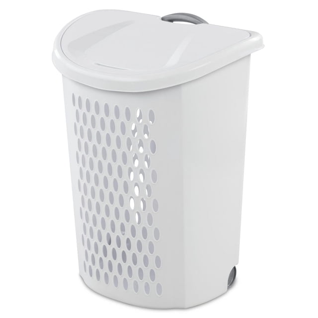 White Sterilite 70L Ultra Wheeler laundry hamper with oval ventilation holes, hinged lid, and rear wheels for easy mobility.