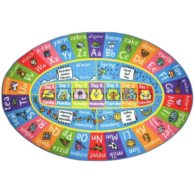 KC Cubs Playtime Collection ABC Alphabet, Seasons, Months and Days of The Week Educational Learning & Game Oval Area Rug Carpet for Kids and Children Bedrooms and Playroom featuring a colorful oval design with alphabet letters A to Z paired with images like alligator, bunny, cake, and deer. The center shows days of the week Sunday to Saturday with animal illustrations, surrounded by seasons Winter, Spring, Summer, and Autumn with weather icons and months on calendar pages. This 8 x 10 rug supports interactive learning in playrooms and classrooms.
