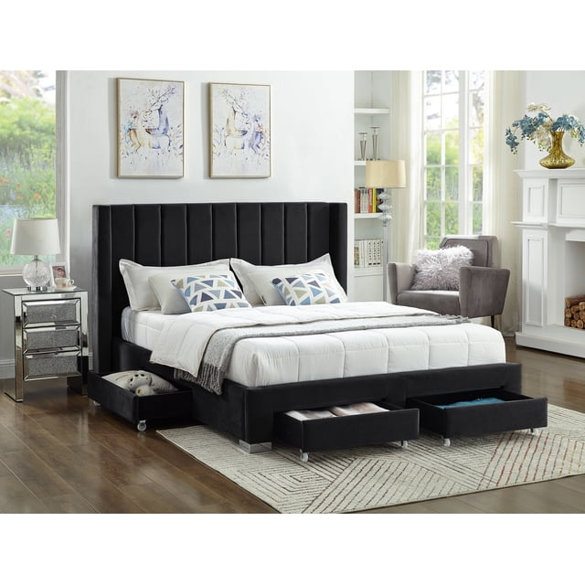 Lit de Rangement en Tissu Velours Noir avec Tête de Lit à Ailes - Très Grand