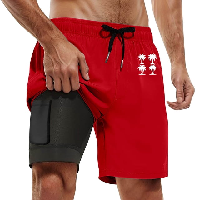 Ediodpoh Mens Swim Trunks Summer Fashion Gradient Color Double Layer Board Pants with Pockets Swim Shorts for Men Red L