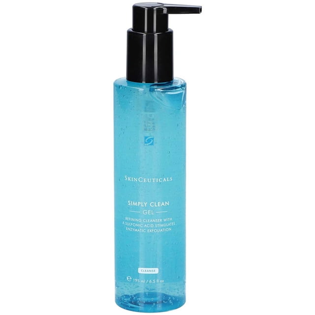 SkinCeuticals Simply Clean Gel Refining Cleanser in a 6.5oz pump bottle. This clear blue gel cleanser deeply cleans, gently exfoliates, and hydrates skin with glycolic and salicylic acids to unclog pores and fight breakouts. Ideal for normal, oily, and combination skin types, it includes soothing chamomile and aloe extracts.