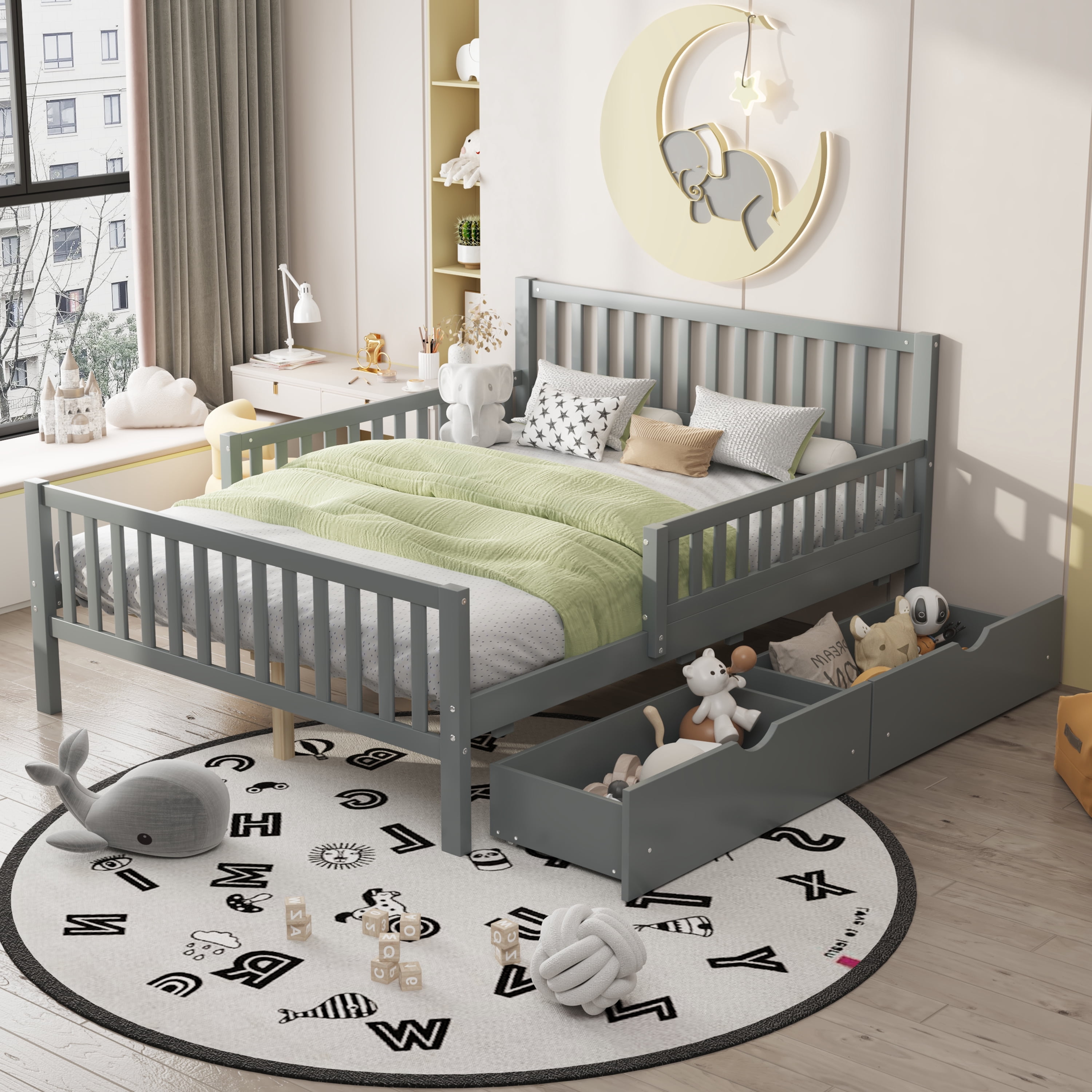 Homy Casa Lit plateforme double en bois avec garde - corps et deux tiroirs de rangement, gris, cadre robuste, design moderne pour chambre