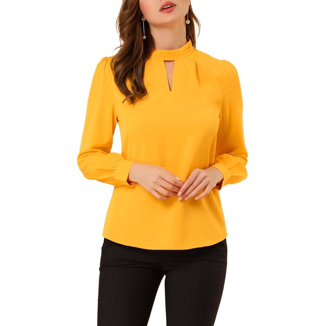 INSPIRE CHIC Women's Stand Collar Pleated Button Keyhole Button Blouse