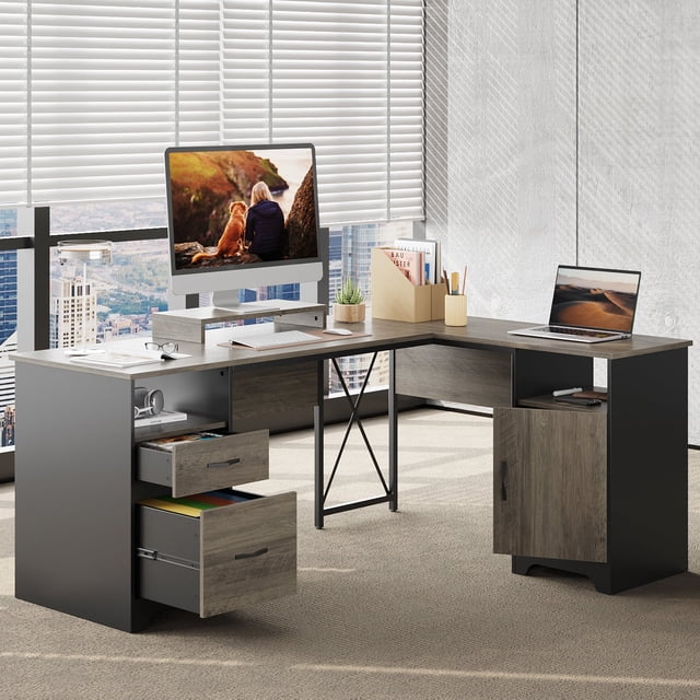 Bestier L Shaped Desk with File Drawers, 63" x 47" Office Computer Desk with Storage Cabinet, Corner Desk with Monitor Stand & Modesty Panel for Home Office, Gray L-shaped executive corner desk in gray CARB P2 paneling, 63" x 47" desktop with removable monitor riser and non-slip pads, two pedestal bases with X-bar support, two open shelves, two drawers including adjustable file drawer for Letter/A4/Legal folders, modesty panel; also suitable as a dual-monitor workstation.