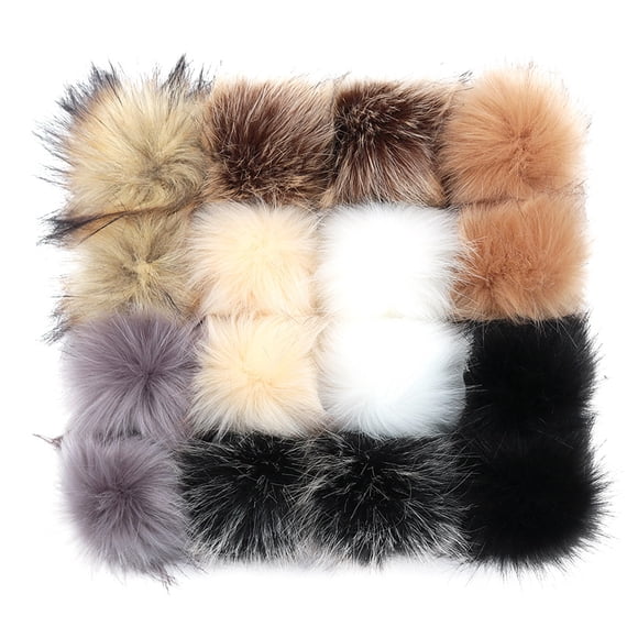 Lot de 16 Pompons en Fausse Fourrure avec Boucles Élastiques - Accessoires d'Artisanat DIY pour Chapeaux, Porte-Clés, Foulards, Sacs (10 cm)