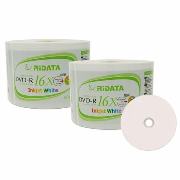100 Pack Ridata DVD-R 16X 4.7GB 120 Min White Inkjet Hub Printable Blank Data Video Media Recordable Disc
