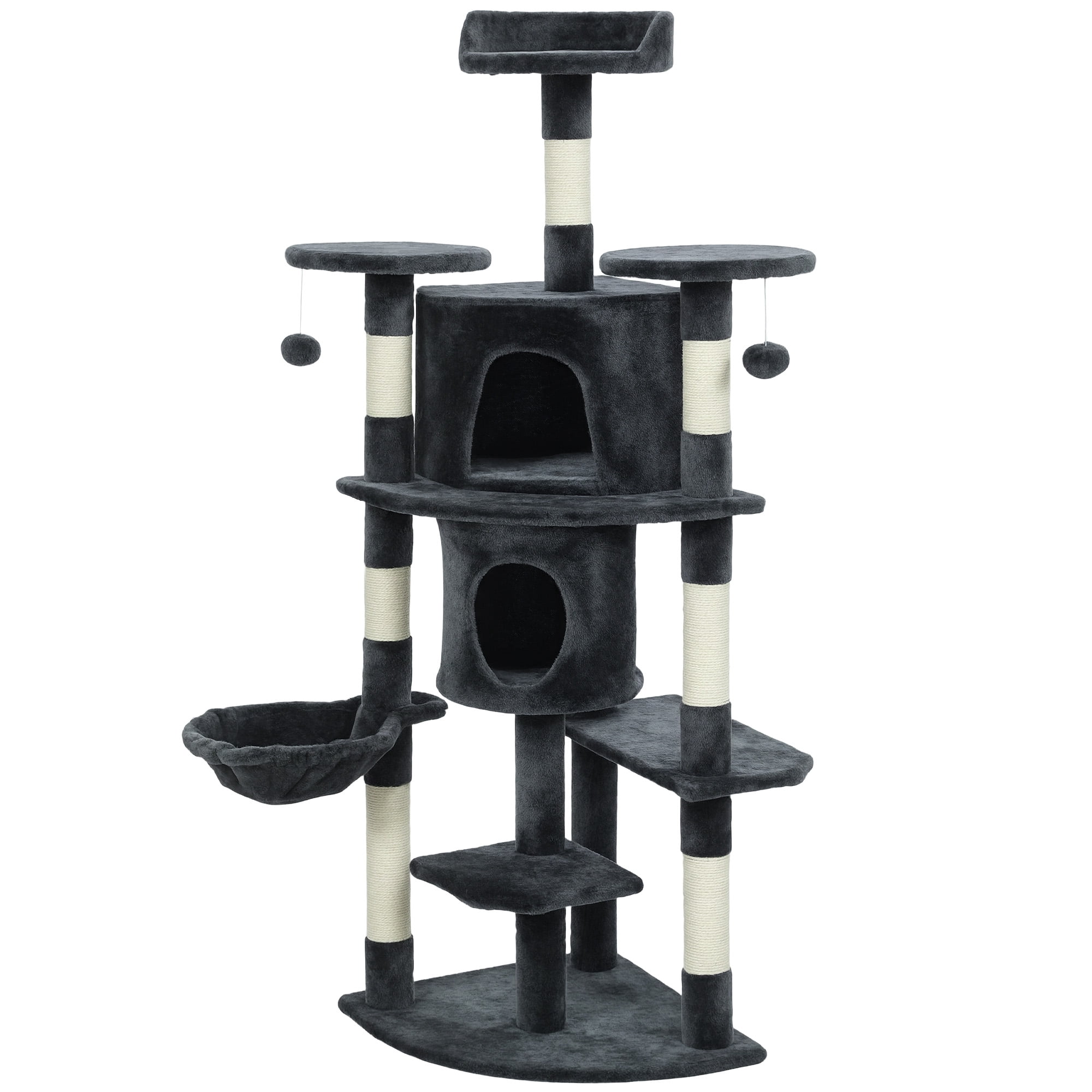 CoSoTower 62" Cat Tree with Scratching Post, 2 Condos, Hammock, Perches, Plush, Pompoms, for Indoor Cats, Dark Grey