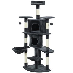 CoSoTower 62" Cat Tree with Scratching Post, 2 Condos, Hammock, Perches, Plush, Pompoms, for Indoor Cats, Dark Grey