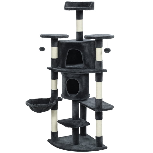 CoSoTower 62" Arbre de chat avec poste de Scratching, 2 Condos, Hammock, Perches, Peluche, Pompons, pour Chats Intérieurs, Gris foncé