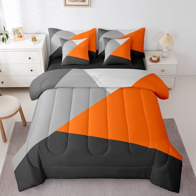 YST , Triangle Géométrique, Ensemble de Douillette, Abstrait Moderne, 7 Pcs, Patchwork, Orange et Gris, Grand Lit
