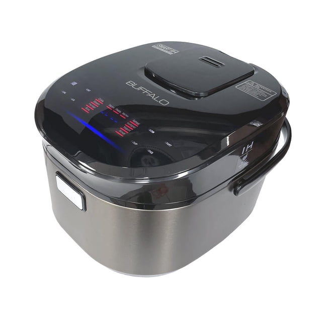 Buffalo Titanium Grey IH SMART COOKER 1.8L (10 Cup) rice cooker and multi pot with titanium grey metal body and glossy black top featuring a full IMD touch control panel with red and blue LED indicators, side handle, and vented lid using induction heating technology for even cooking and nutrient retention.