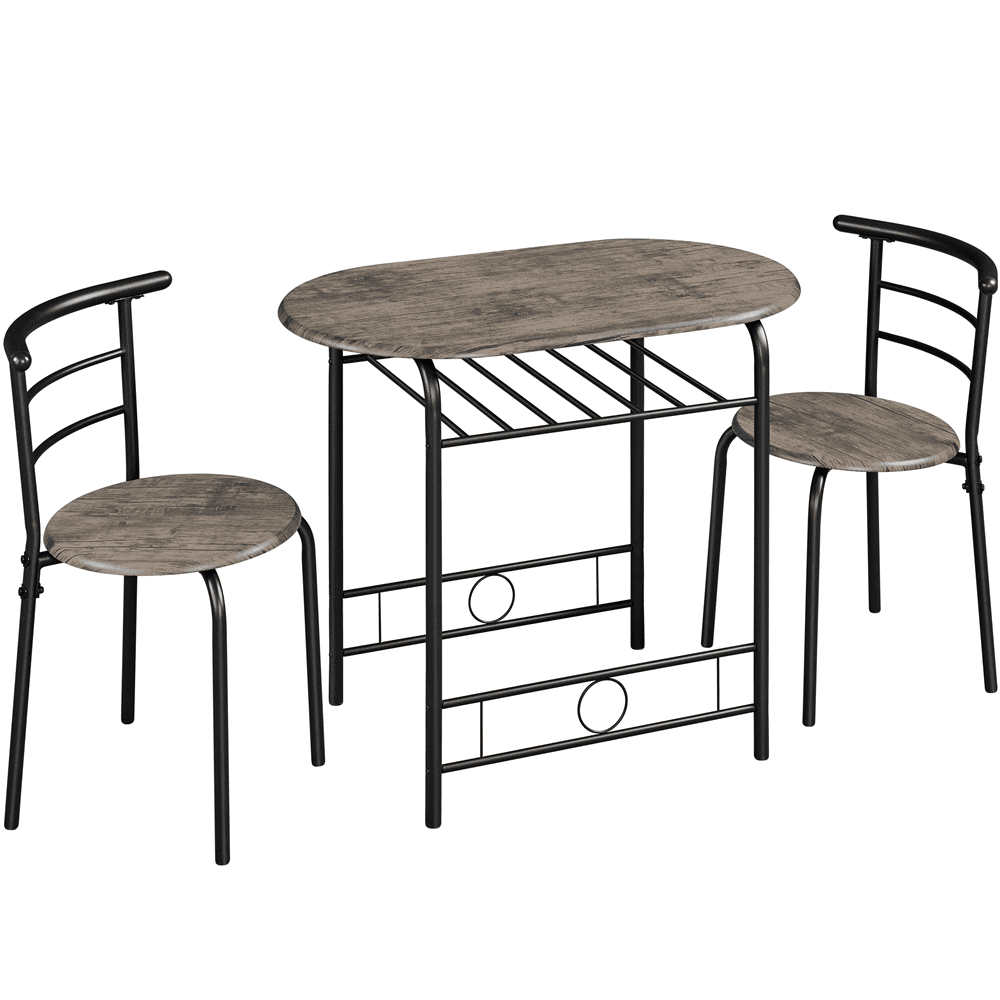 FullFurnique Ensemble de Salle à Manger Rond 3 pièces avec Table, 2 chaises, Étagère de Rangement et Pieds en Acier, Brun Grisé