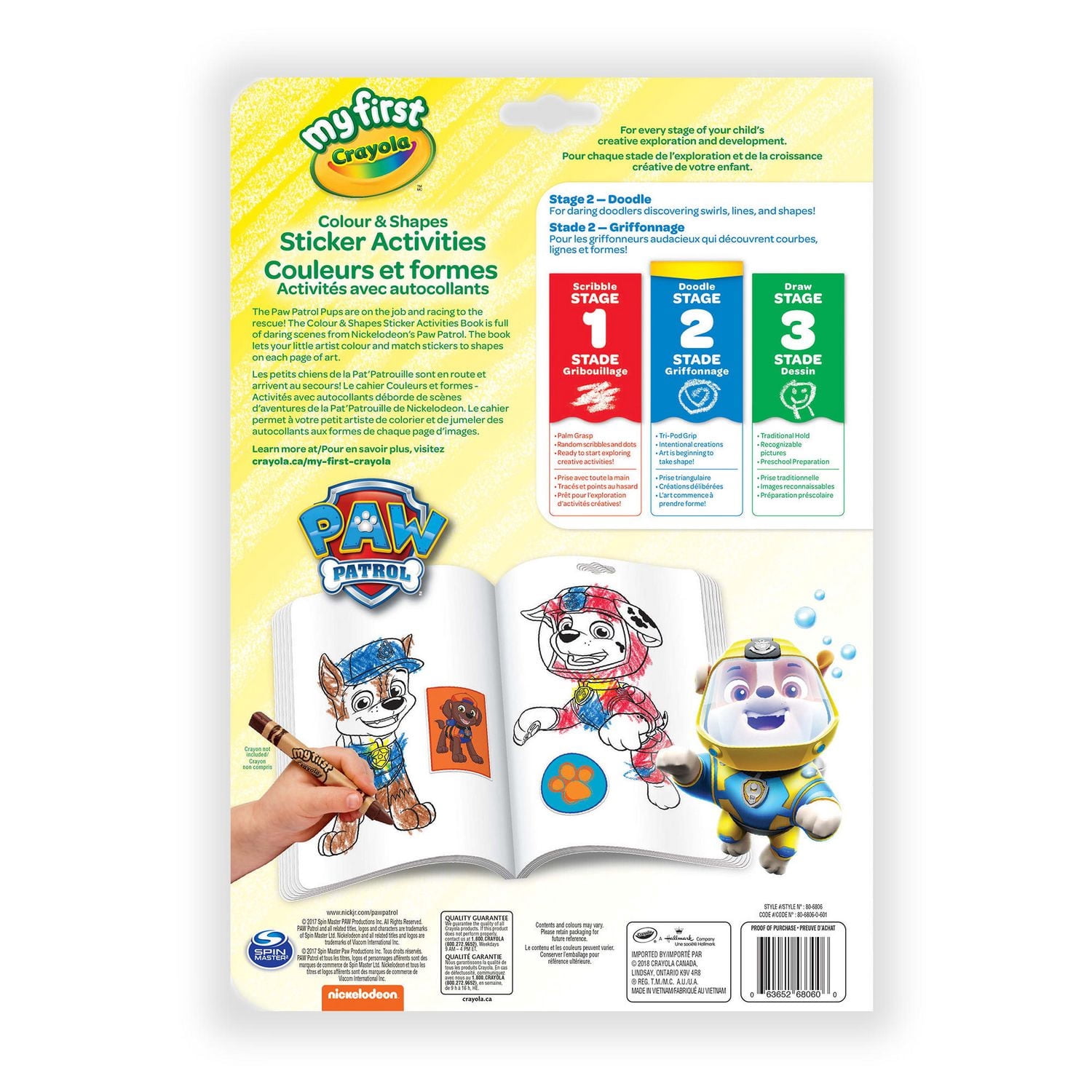 Cahier d’activité et d’autocollants Couleur et forme Crayola, Paw Patrol