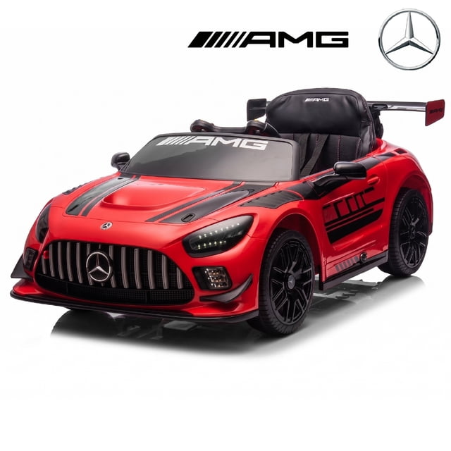 Licensed Mercedes-AMG GT3 24V Kids Ride-On Racing Car with Premium Leather Seat, High-Speed Performance 24V Power Wheels, Motorized Track Toy with Parent Remote, Red — red officially licensed AMG GT3 styling, 24V heavy-duty battery with high-torque motors, eco-leather adjustable seat with safety belt, lockable side doors, 2.4G parental remote override, gradual soft-start, built-in Bluetooth/MP3/USB media; often used for backyard mini obstacle courses.