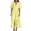 thumbnail image 1 of Mikilon Robes d'Été pour Femmes Ensemble Jupe Aguichant Robe à Carreaux à Manches Courtes Lanterne Aguichant à Col en V Profond Robes Gaine Mode Décontractée Taille Haute Unie Robe de Soirée avec Fente Jaune G, 1 of 6