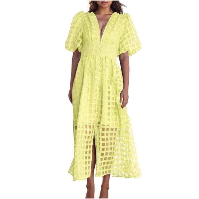 Mikilon Robes d'Été pour Femmes Ensemble Jupe Aguichant Robe à Carreaux à Manches Courtes Lanterne Aguichant à Col en V Profond Robes Gaine Mode Décontractée Taille Haute Unie Robe de Soirée avec Fente Jaune G