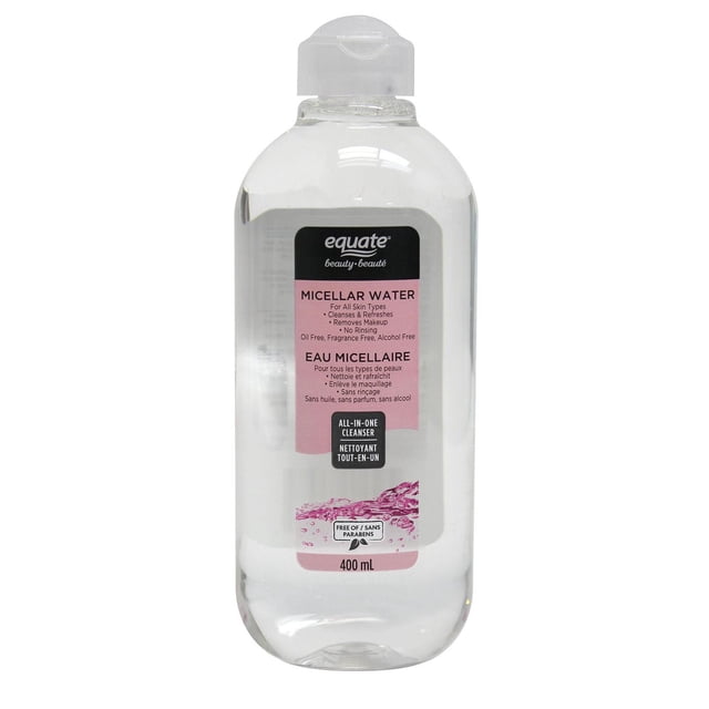 Equate Beauty Micellar Water in a clear 400 mL plastic bottle with flip-top cap, labeled as an all-in-one cleanser for all skin types that removes makeup, cleanses, and refreshes without rinsing, free of oil, fragrance, alcohol, and parabens.
