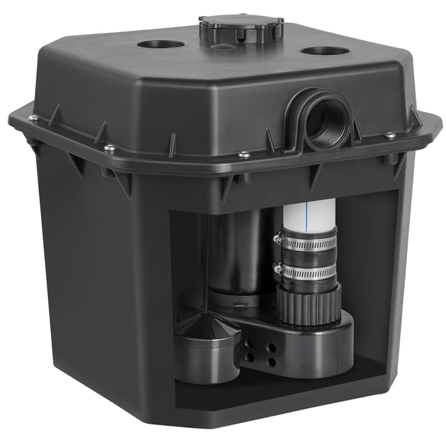VEVOR Utility Sink Pump Laundry Sink Drain Pump System with 1/3 HP motor, capable of 2900 GPH flow rate and 25 ft head. Features a durable black cast aluminum housing with a 6-gallon drainage bucket, automatic float switch, and 1-1/2 inch NPT outlet. Designed for efficient drainage in basements, laundry sinks, and other spaces without proper drainage. Compact and easy to install.