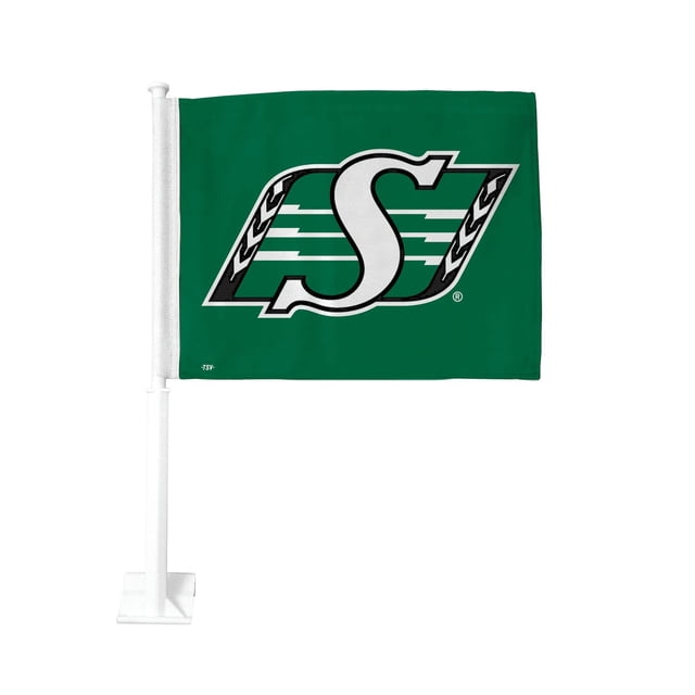 The Sports Vault Saskatchewan Roughriders 1-Sided Car Flag with a green, weather-resistant polyester flag featuring a white and black 'S' logo, attached to a white plastic pole for easy mounting on car windows or doors, measuring approximately 24 by 2 inches, suitable for automotive exterior customization and fan display.