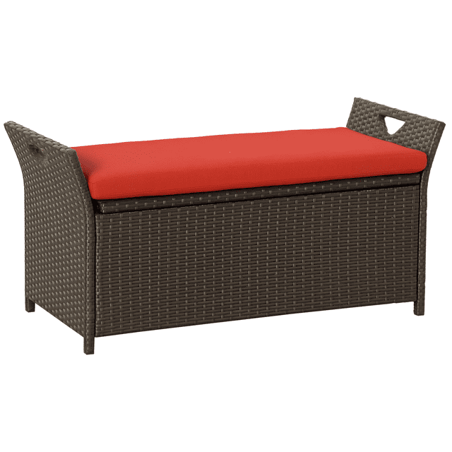 Outsunny Banc de Rangement en Osier 2-en-1 pour Patio avec Coussin Rouge, Présentant un design en Osier PE Tressé à la Main Brun avec un Coussin Rouge Vif. Ce Banc d'Extérieur Fait Aussi Office de Coffre de Rangement avec un Siège Articulé et un Espace de Rangement Interne. Il Comprend des Accoudoirs avec Poignées Intégrées pour la Portabilité et une Housse de Coussin Douce et Amovible. Idéal pour les Jardins, Balcons, Terrasses Ou au Bord de la Piscine.