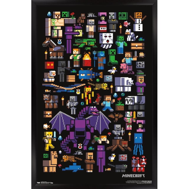 Minecraft - Affiche Murale Mobbery, 22,375 Po x 34 Po, Présentant un art pixel de Mobiles Minecraft Incluant Ender Dragon, Creeper, Iron Golem, Snow Golem, Squelette, Zombie, Araignée, Chevaux, Ours Polaires et Dauphins sur Fond Noir, Imprimée sur Papier d'Affiche Lustré aux Couleurs Vives, Légère et Facile à Accrocher avec Pinces Incluses, art Mural Idéal pour la Déco de la Maison et les Salles de Jeux.