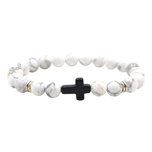 TopLLC Natural Stone Black Elastic Thread Bracelet featuring white marbled natural stone beads with a black cross-shaped bead centerpiece. The bracelet is designed with an elastic band to fit most wrist sizes, with a circumference of 19 cm and bead diameter of 8 mm. Ideal as a gift for friends, couples, or family, and suitable for various occasions.