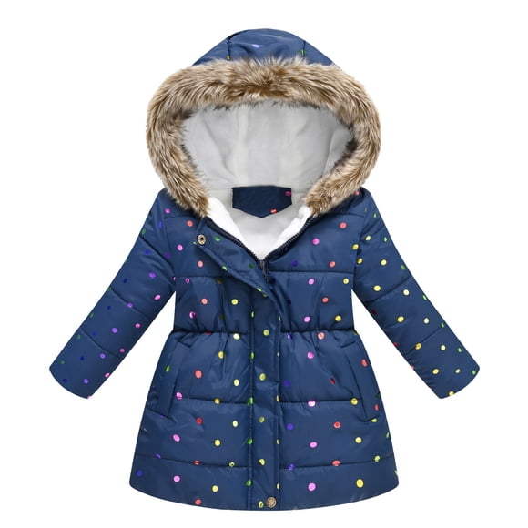 PMVFHDE Toddler Girls Winter Jacket | Cartoon Print Thermal Insulated Coat with Windproof Hood | Zipper Closure Snow Play Outerwear Dark Blue,2-3 Years