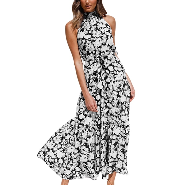 Women's Sleeveless Halter Neck Boho Floral Print Backless Flowy Beach Long Maxi Belted Dresses with Pockets